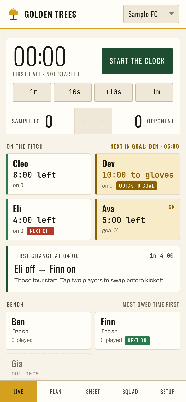 Golden Trees live screen with a sample team: who is on, who is next, and the game clock